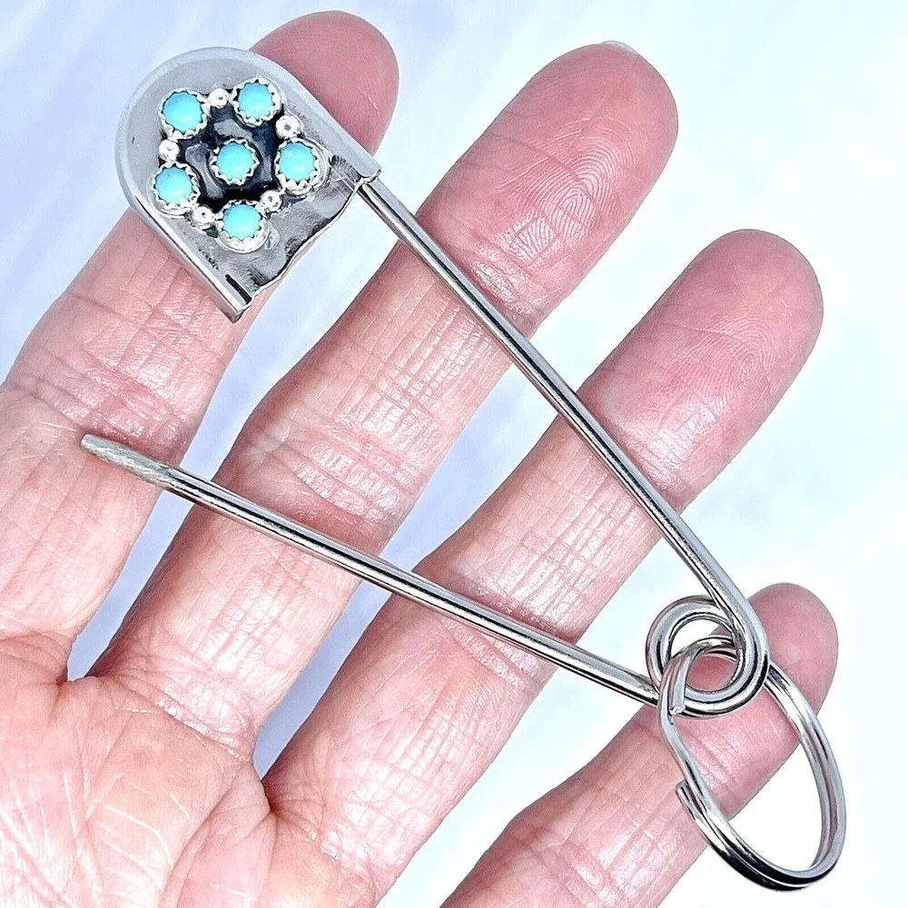 Giant Safety Pin Keyring Turquoise Cluster Key Chain Tag 4in Navajo Mens Gift